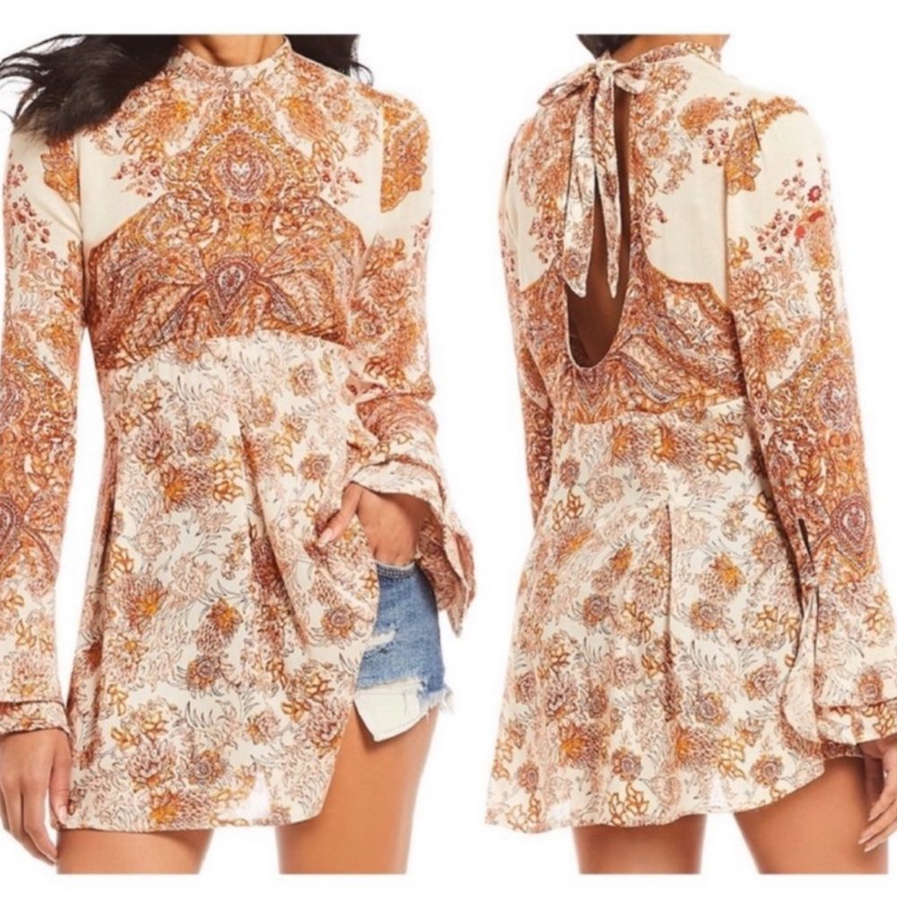 NWT FREE PEOPLE Lady Luck Tunic Dress Rust Ivory Open Back Tie Long Sleeve XS
